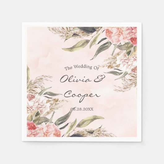 Neutral Boho Pink Peony Pampas Grass Wedding Servet (Voorkant)