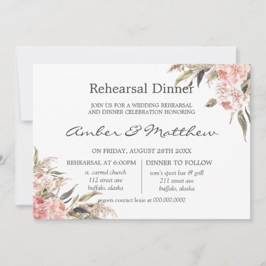 Neutral Boho Pink Peony Pampas Rehearsal Dinner Kaart (Voorkant)