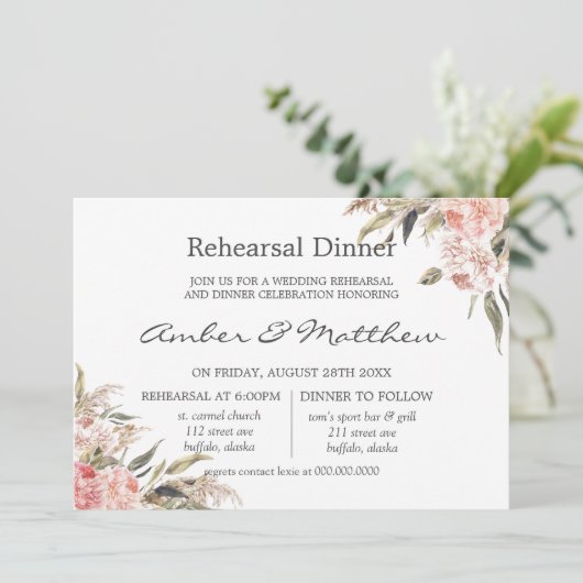 Neutral Boho Pink Peony Pampas Rehearsal Dinner Kaart (Staand voorkant)