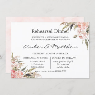 Neutral Boho Pink Peony Pampas Rehearsal Dinner Kaart
