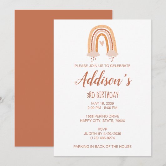 Neutral Boho Rainbow Birthday Invite Kaart (Voorkant / Achterkant)