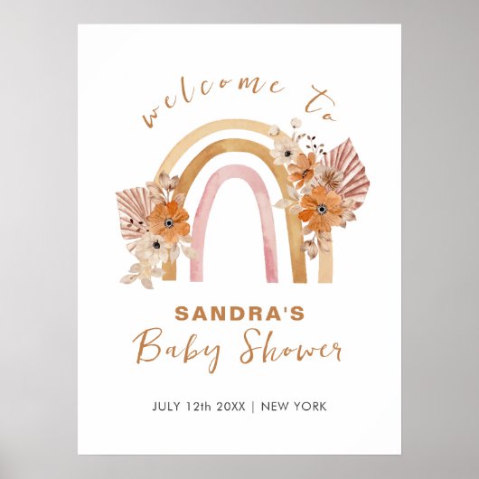 Neutral Boho Rainbow Floral Baby shower Welkom Poster (Voorkant)