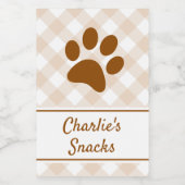 Neutral Brown Beige White Gingham Pattern Paw Name Voedselcontainer Etiket (Enkel label)