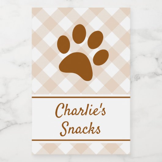 Neutral Brown Beige White Gingham Pattern Paw Name Voedselcontainer Etiket (Enkel label)