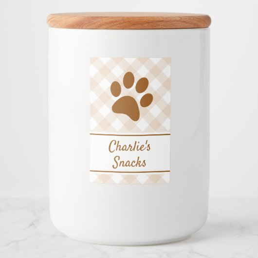 Neutral Brown Beige White Gingham Pattern Paw Name Voedselcontainer Etiket (Voorkant)