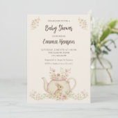 Neutral Bunny & Floral Teapot Baby Shower  Kaart (Staand voorkant)
