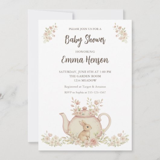 Neutral Bunny & Floral Teapot Baby Shower Kaart (Voorkant)