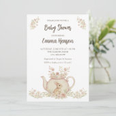 Neutral Bunny & Floral Teapot Baby Shower Kaart (Staand voorkant)