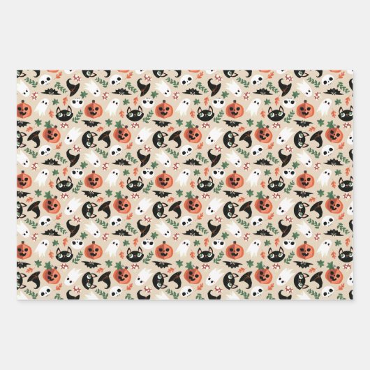 Neutral Cats & Pumpkins Mixed Halloween Patterns Inpakpapier Vel (Voorkant)