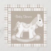 NEUTRAL CHECK ROCKING HORSE BABY SHOWER INVITATION KAART (Voorkant / Achterkant)