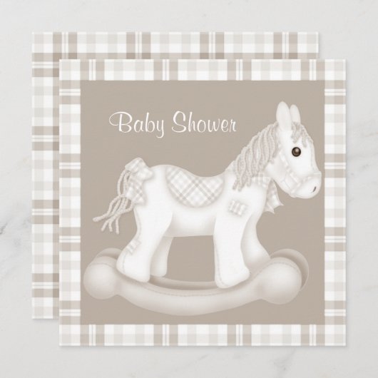 NEUTRAL CHECK ROCKING HORSE BABY SHOWER INVITATION KAART (Voorkant / Achterkant)