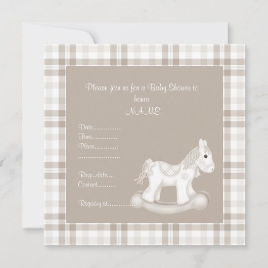 NEUTRAL CHECK ROCKING HORSE BABY SHOWER INVITATION KAART (Achterkant)