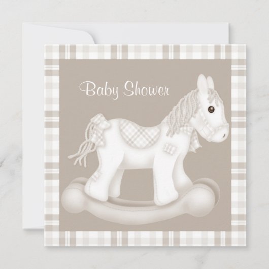 NEUTRAL CHECK ROCKING HORSE BABY SHOWER INVITATION KAART (Voorkant)