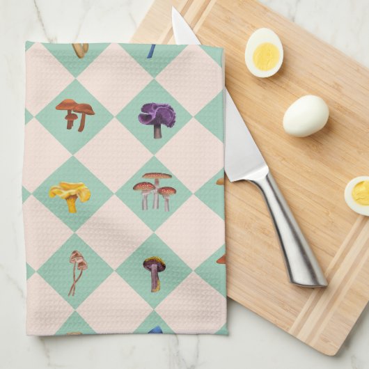 Neutral checks with assorted fungi theedoek (Quarter Fold)