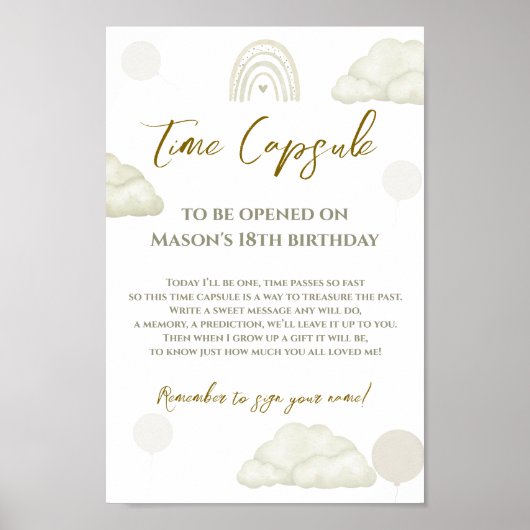 Neutral Cloud Boho Time Capsule First Birthday Poster (Voorkant)