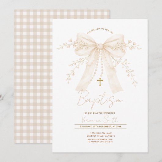 Neutral Cream Bow Cross Baptism Christening Kaart (Voorkant / Achterkant)