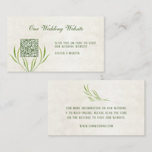 Neutral Cream &  Groen Rustiek RSVP QR Code Informatiekaartje (Voorkant / Achterkant)