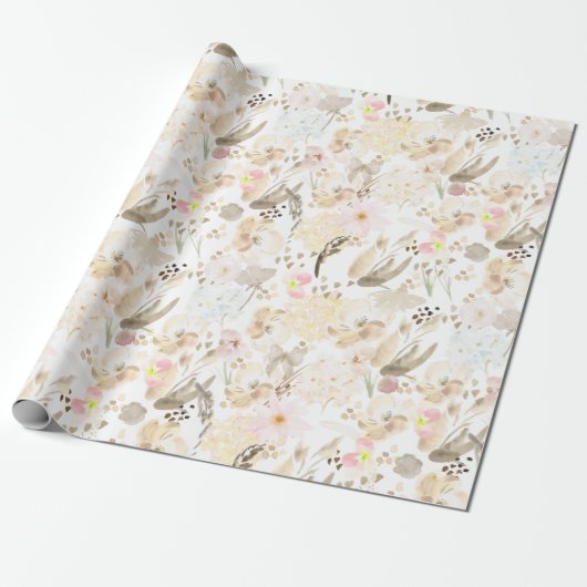  Neutral Cream Roze Bloemen Cadeaupapier (Uitgerold)