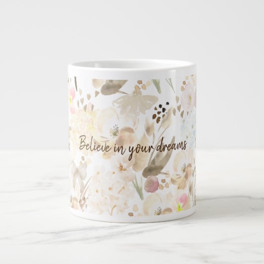  Neutral Cream Roze Bloemen Grote Koffiekop (Voorkant)