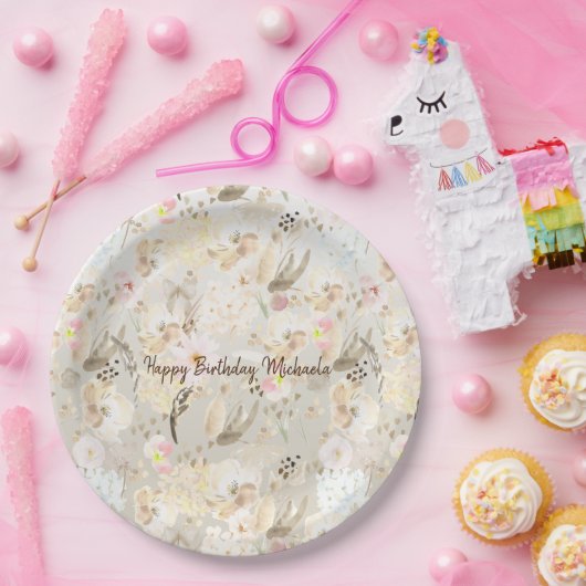  Neutral Cream Roze Bloemen Papieren Bordje (Feest)