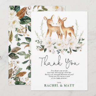 Neutral Deer Twins Ivory Floral Greenery Baby Fawn Bedankkaart