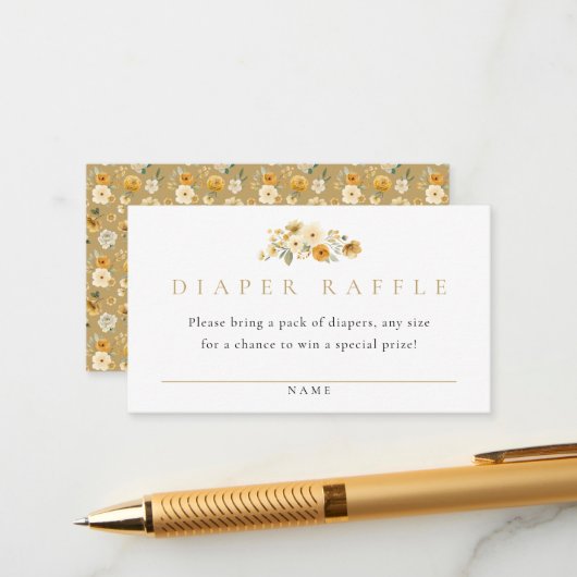 Neutral Diaper Raffle Card | Ivory & Golden Floral Informatiekaartje (Voorkant / Achterkant in situ)