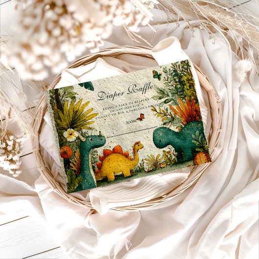 Neutral Dinosaur Baby Shower Diapper Raffle Informatiekaartje