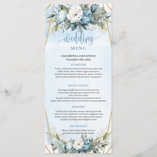 Neutral Dusty Blue Greenery Gold Glitter Wedding   Menu (Voorkant)