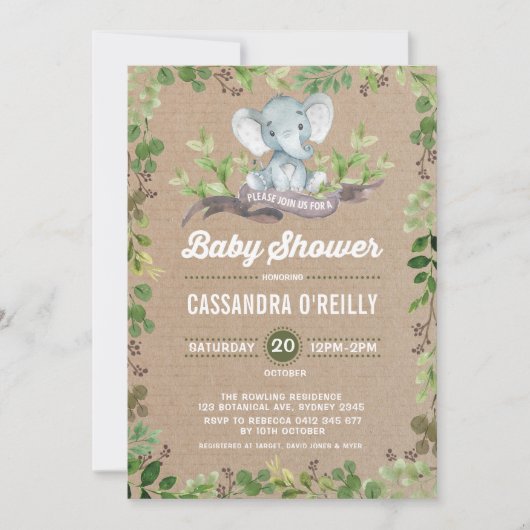 Neutral Elephant Baby shower Greenery Invitation Kaart (Voorkant)