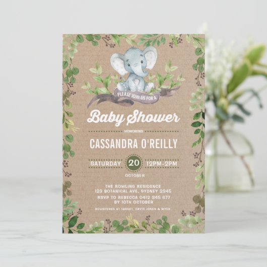Neutral Elephant Baby shower Greenery Invitation Kaart (Staand voorkant)