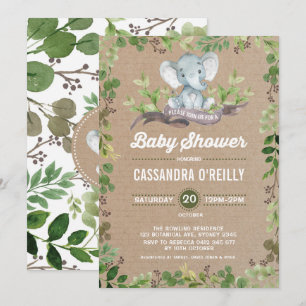 Neutral Elephant Baby shower Greenery Invitation Kaart