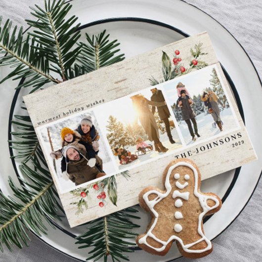 Neutral Farmhouse Greenery Birch Photo Collage Feestdagenkaart