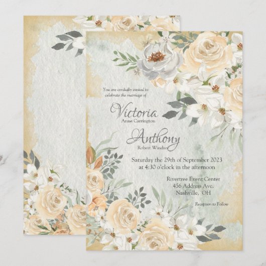 Neutral Floral Script Wedding Kaart (Voorkant / Achterkant)