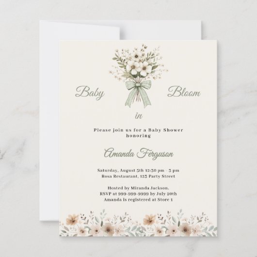 Neutral florals green bloom Baby Shower invitation (Voorkant)