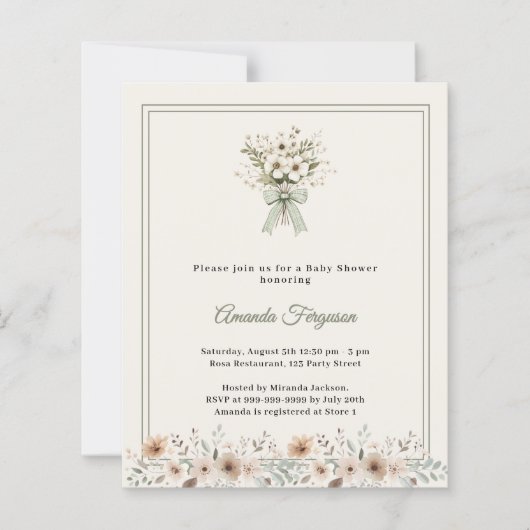 Neutral florals green ivory Baby Shower invitation (Voorkant)