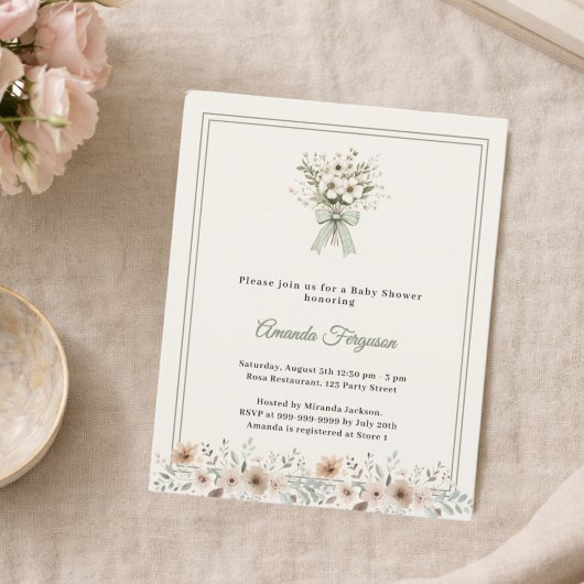 Neutral florals green ivory Baby Shower invitation