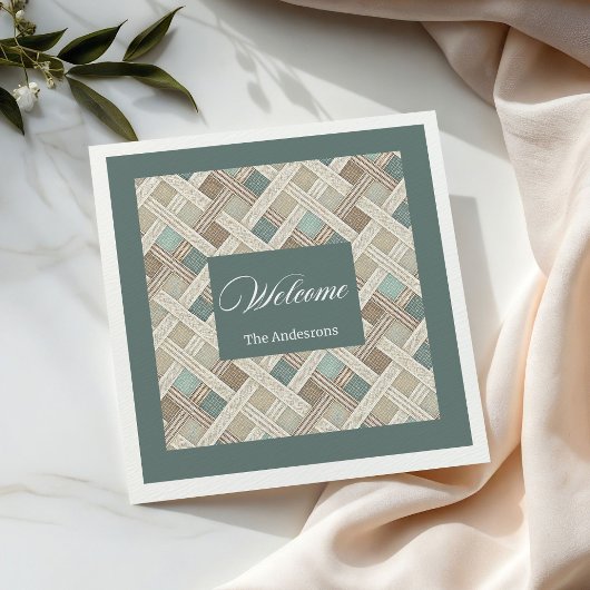 Neutral Geometric Green Napkins Custom Name Chic Servet