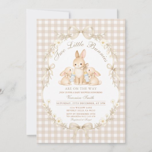 Neutral Gingham Bunnies Twins Baby Shower Kaart (Voorkant)