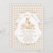 Neutral Gingham Bunnies Twins Baby Shower Kaart (Voorkant / Achterkant)