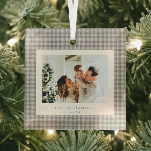 Neutral Gingham Family Photo Keepsake Christmas Glas Ornament (Insitu)