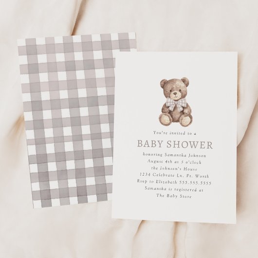 Neutral Gingham Simple Teddy Bear-Baby shower Kaart