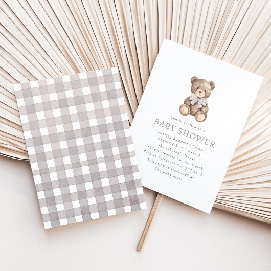 Neutral Gingham Simple Teddy Bear-Baby shower Kaart