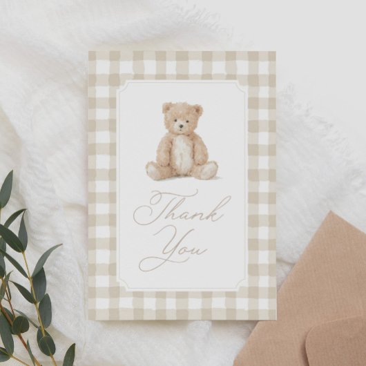Neutral Gingham Teddy Bear Baby Shower Bedankkaart