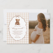Neutral Gingham Teddy Bear Baby shower Foto Bedankkaart (Voorkant)