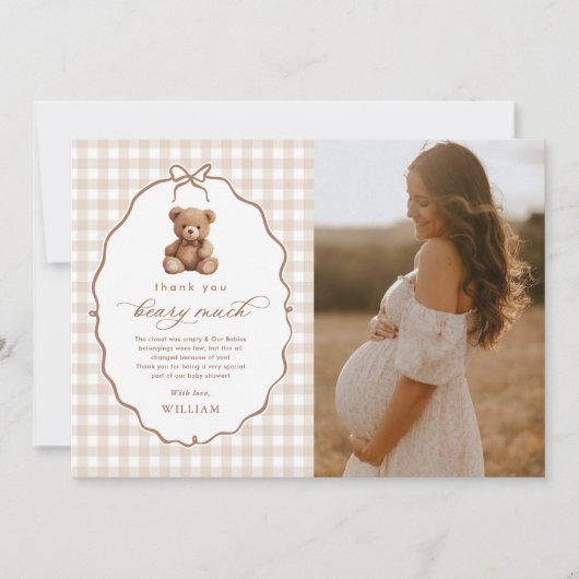 Neutral Gingham Teddy Bear Baby shower Foto Bedankkaart (Voorkant)