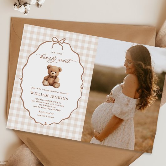 Neutral Gingham Teddy Bear Baby shower Foto Kaart