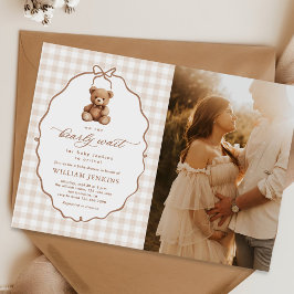 Neutral Gingham Teddy Bear Baby shower Foto Kaart