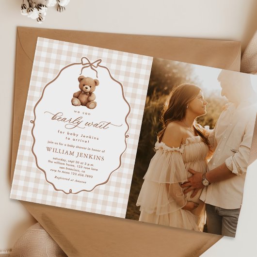 Neutral Gingham Teddy Bear Baby shower Foto Kaart