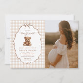 Neutral Gingham Teddy Bear Baby shower Foto Kaart (Voorkant)
