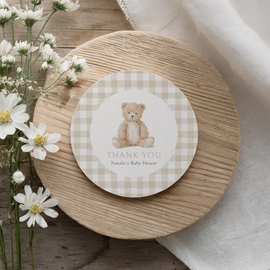 Neutral Gingham Teddy Bear Baby Shower Ronde Sticker